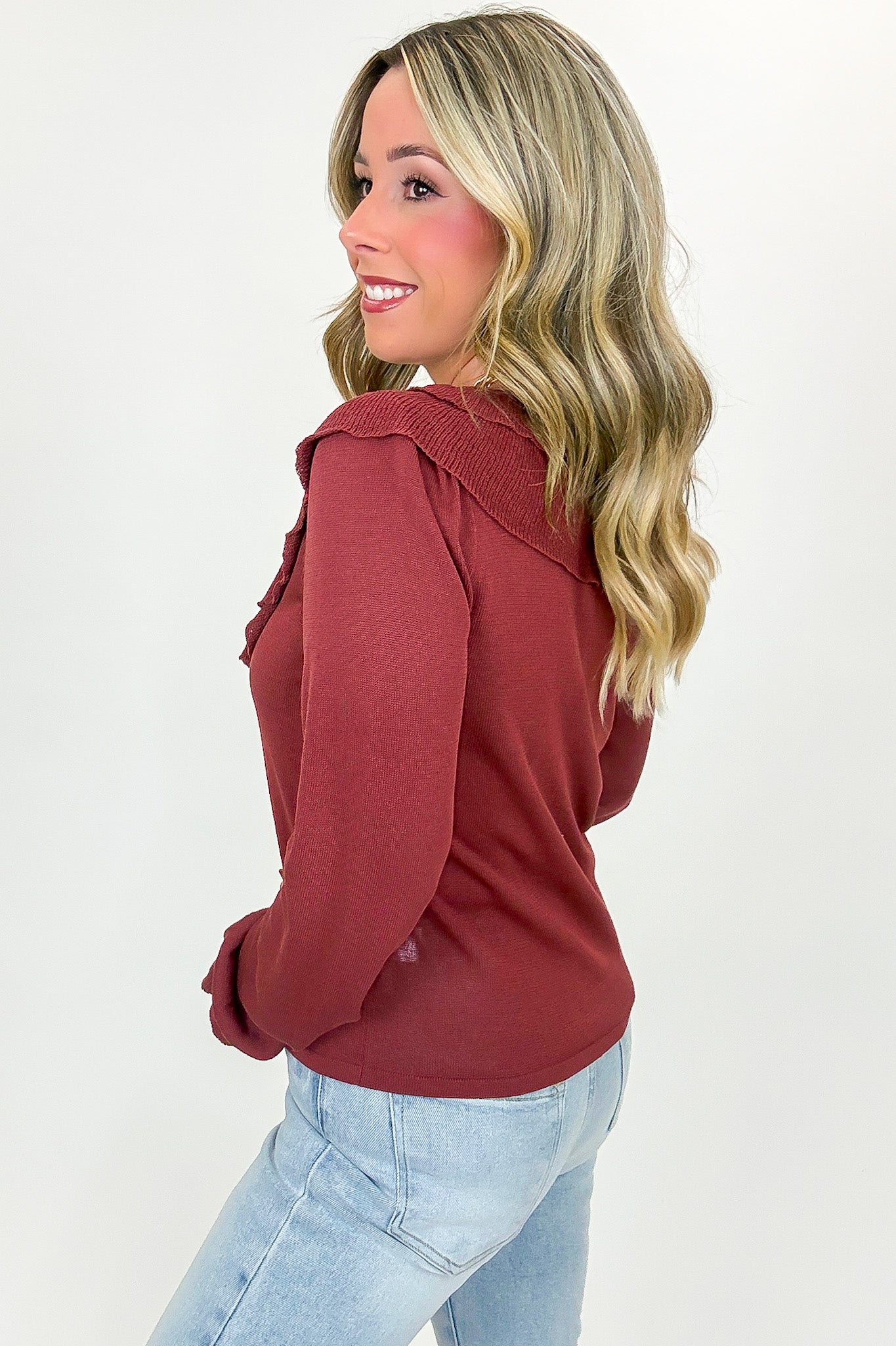 Ruffle Whisper Contrast Fine Gauge Button Front Top