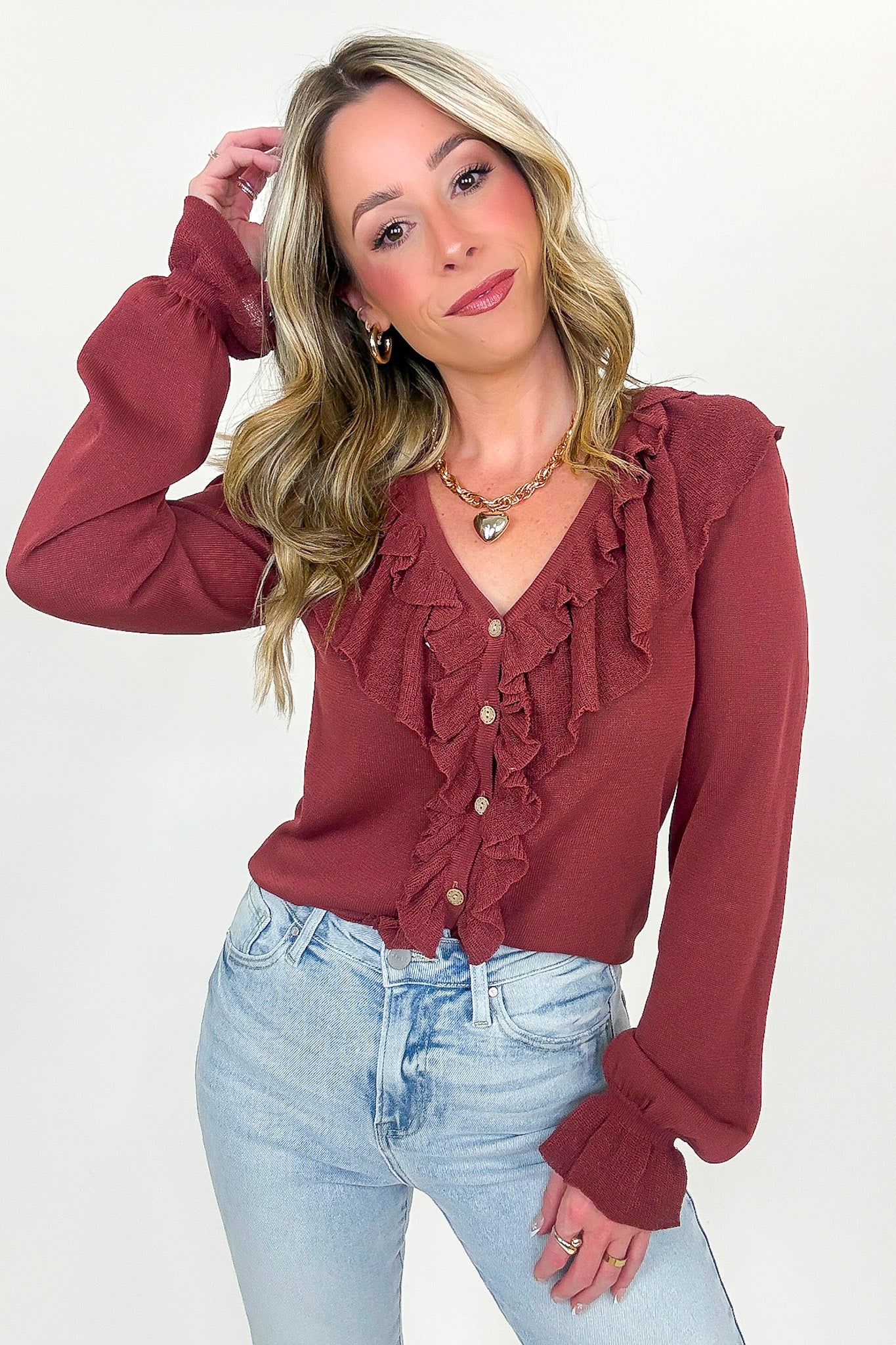 Ruffle Whisper Contrast Fine Gauge Button Front Top