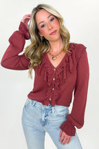 Ruffle Whisper Contrast Fine Gauge Button Front Top - FINAL SALE - Madison and Mallory