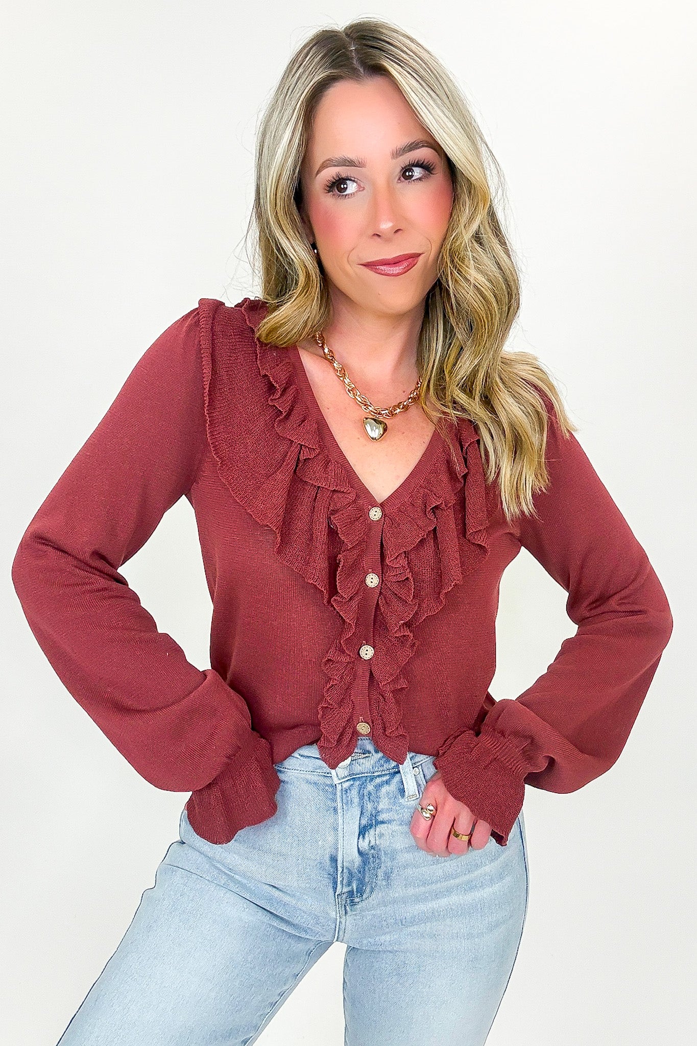 Ruffle Whisper Contrast Fine Gauge Button Front Top