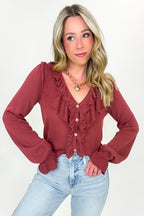Ruffle Whisper Contrast Fine Gauge Button Front Top - FINAL SALE - Madison and Mallory