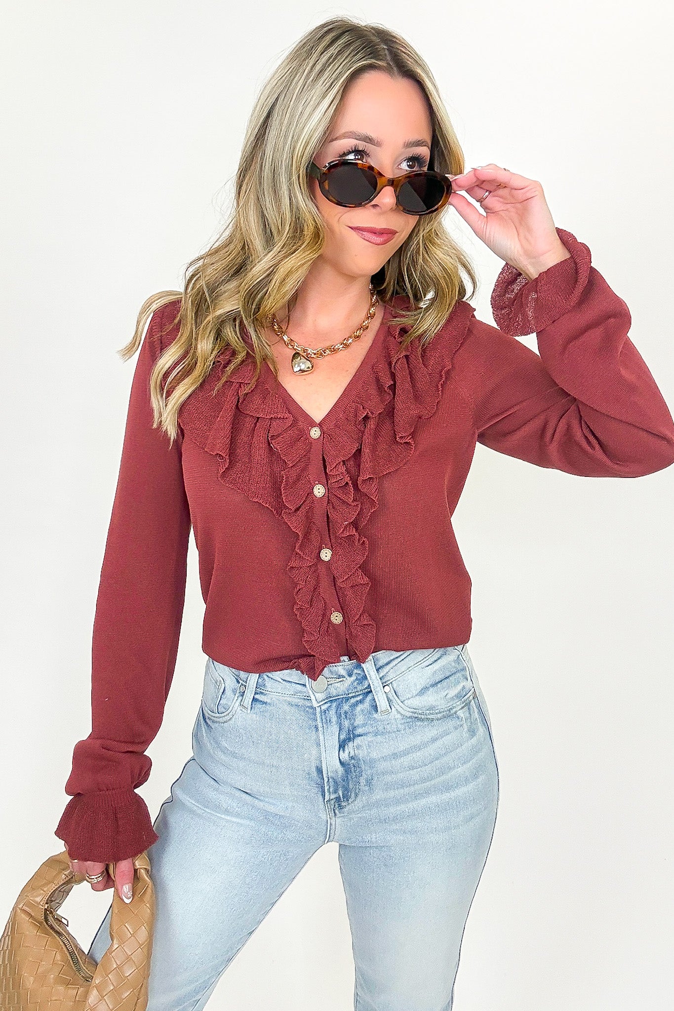 Ruffle Whisper Contrast Fine Gauge Button Front Top