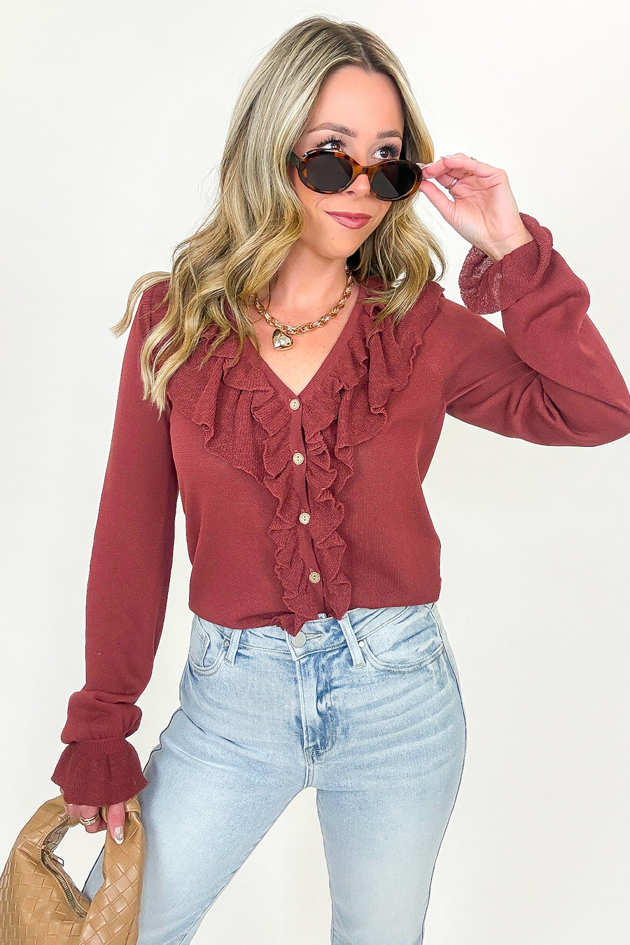 Ruffle Whisper Contrast Fine Gauge Button Front Top