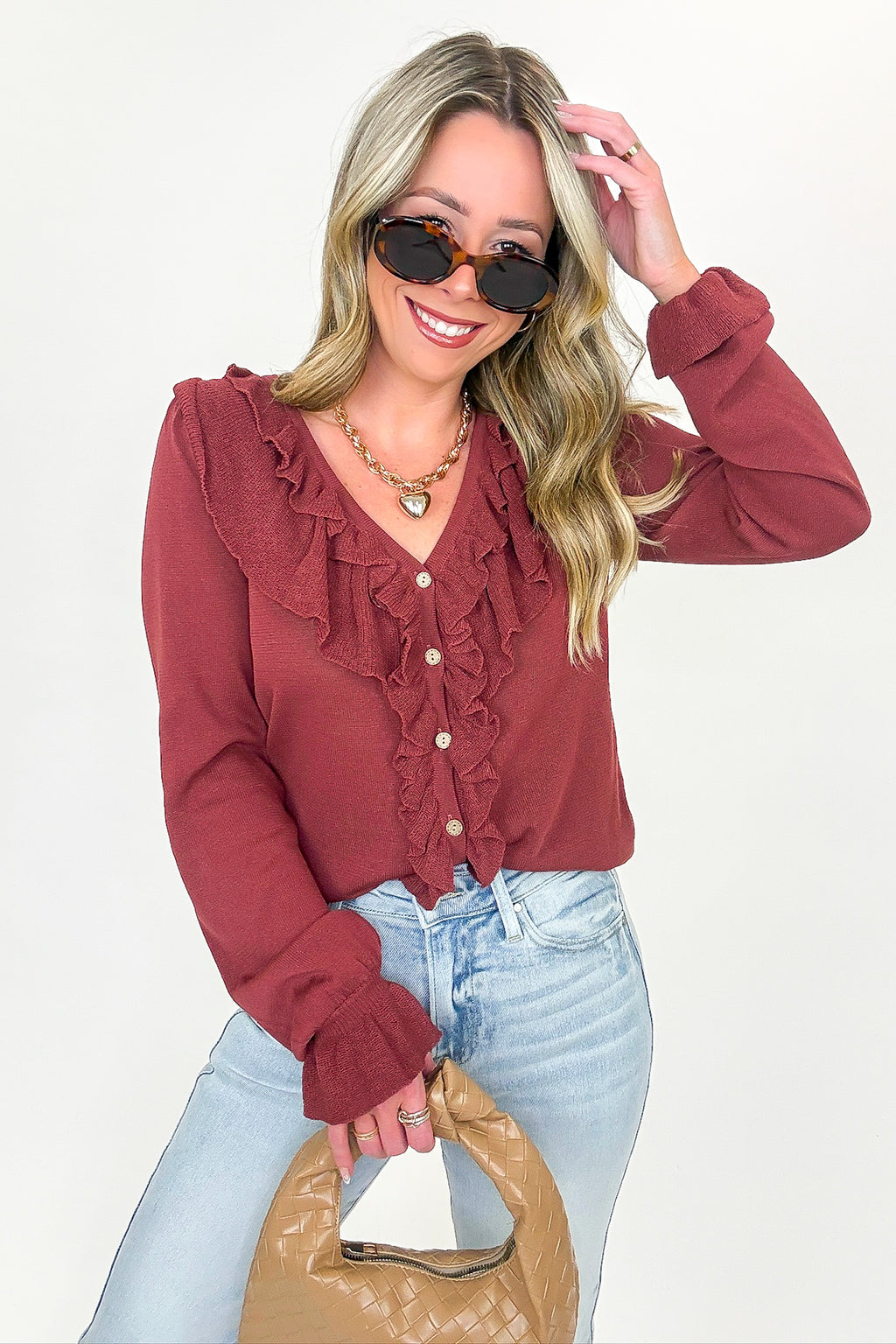 S / Maroon Ruffle Whisper Contrast Fine Gauge Button Front Top - FINAL SALE - Madison and Mallory