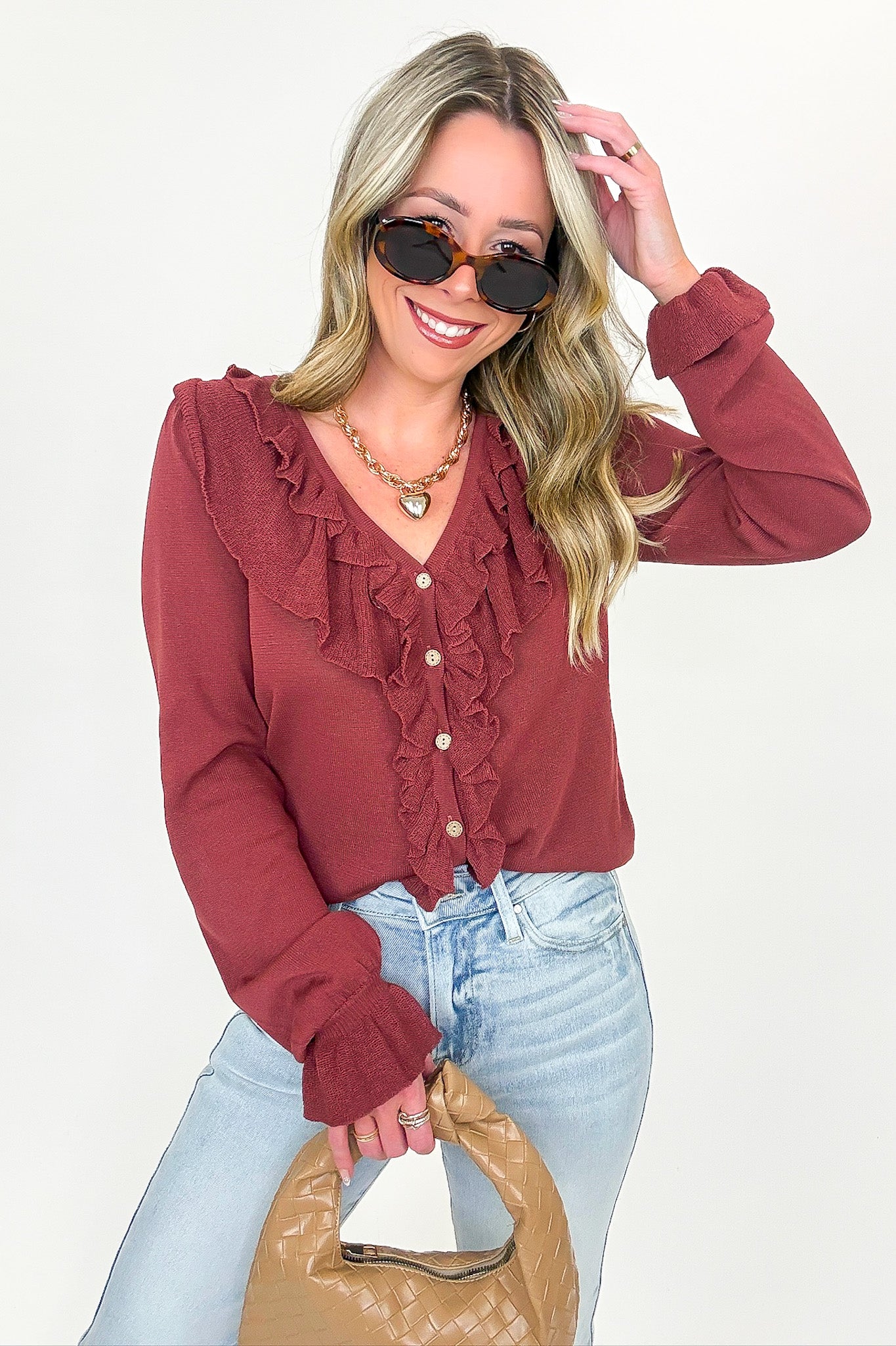 S / Maroon Ruffle Whisper Contrast Fine Gauge Button Front Top - FINAL SALE - Madison and Mallory