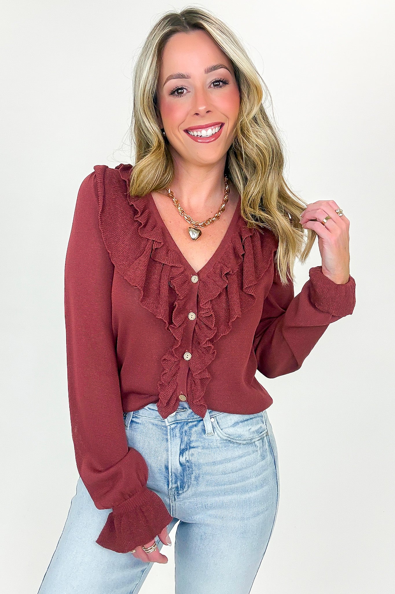 Ruffle Whisper Contrast Fine Gauge Button Front Top