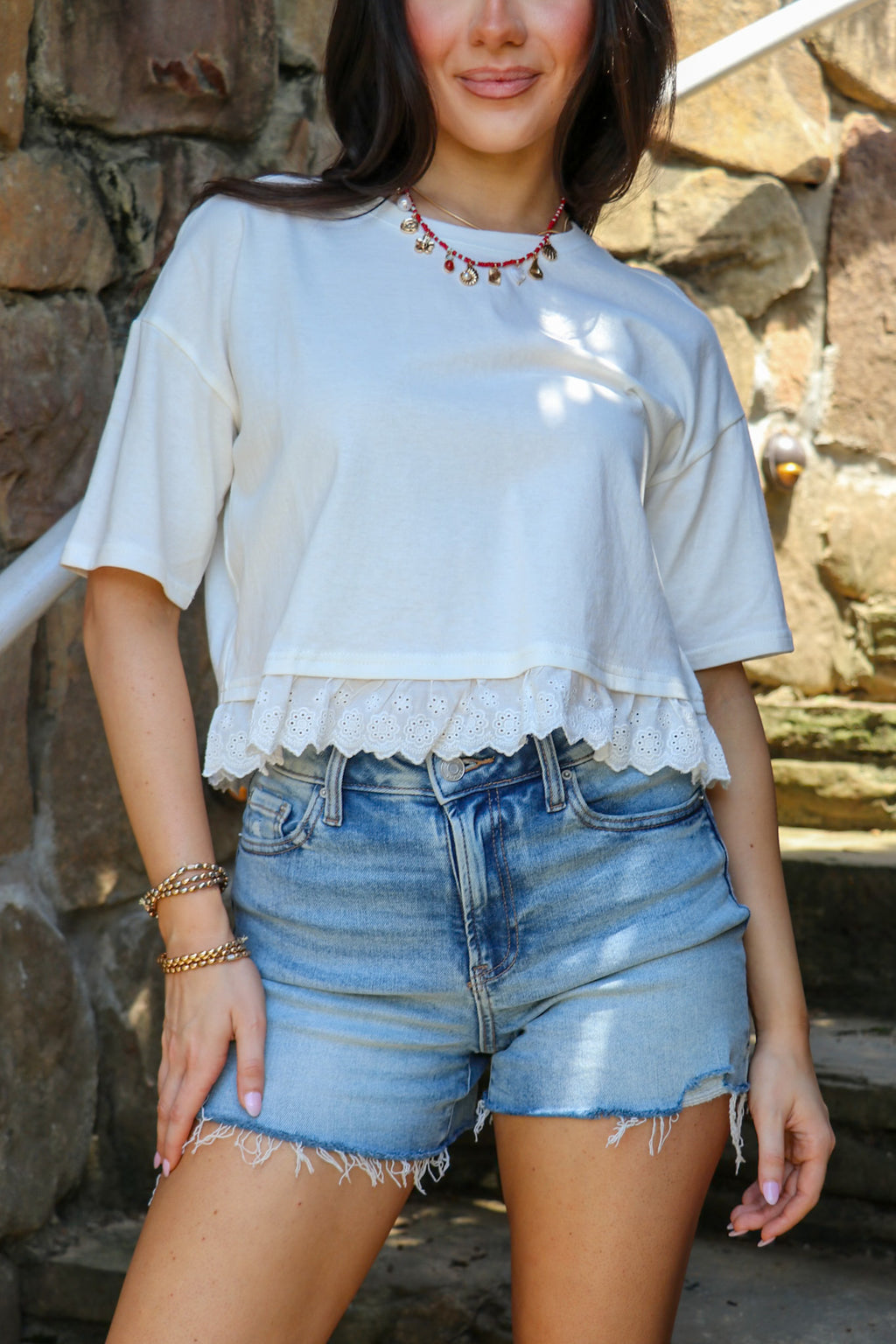 S / White Ruffleline Eyelet Boxy Top - Madison and Mallory
