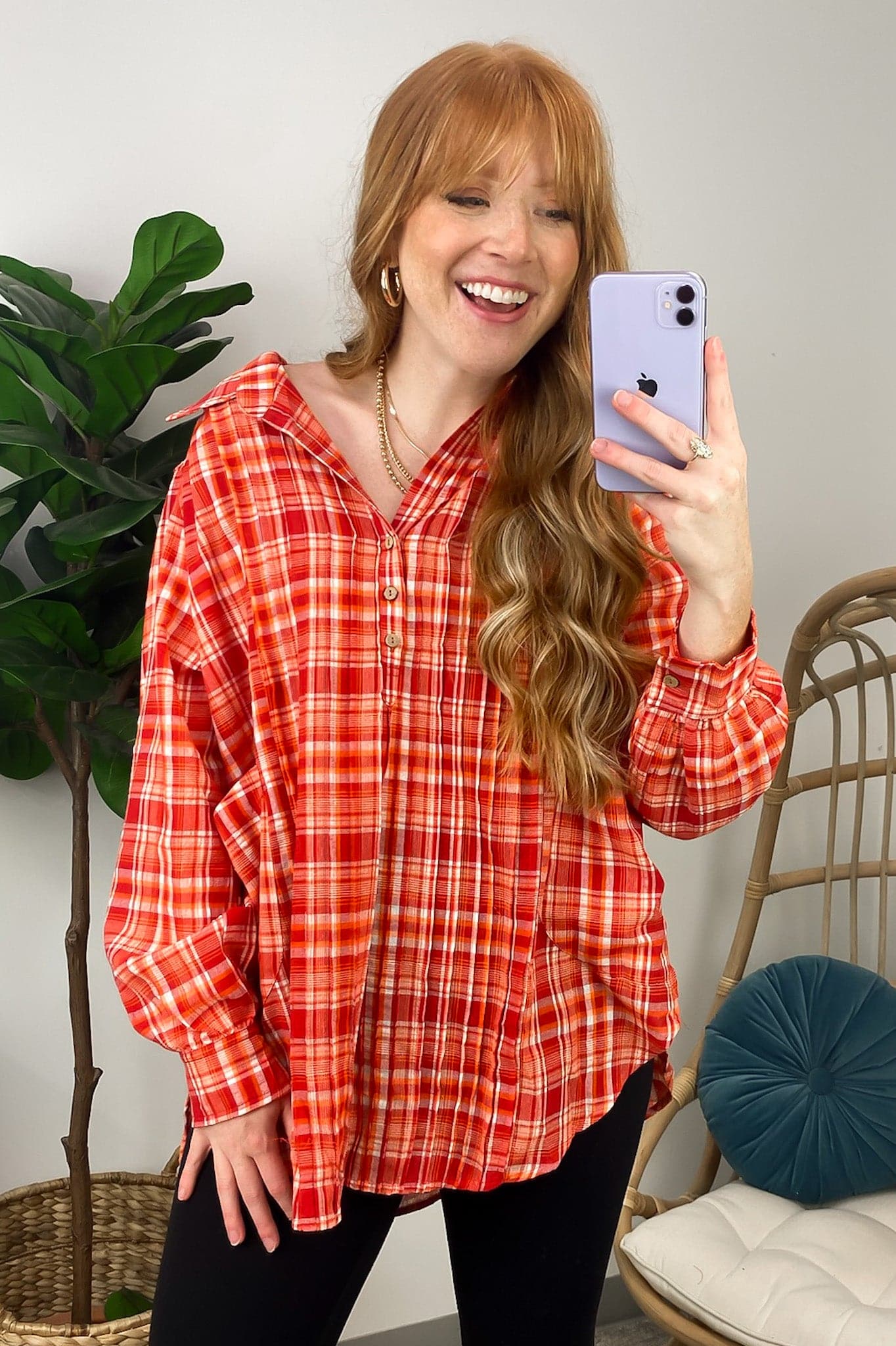 Red / S Ruisa Plaid Button Tunic Top - FINAL SALE - Madison and Mallory