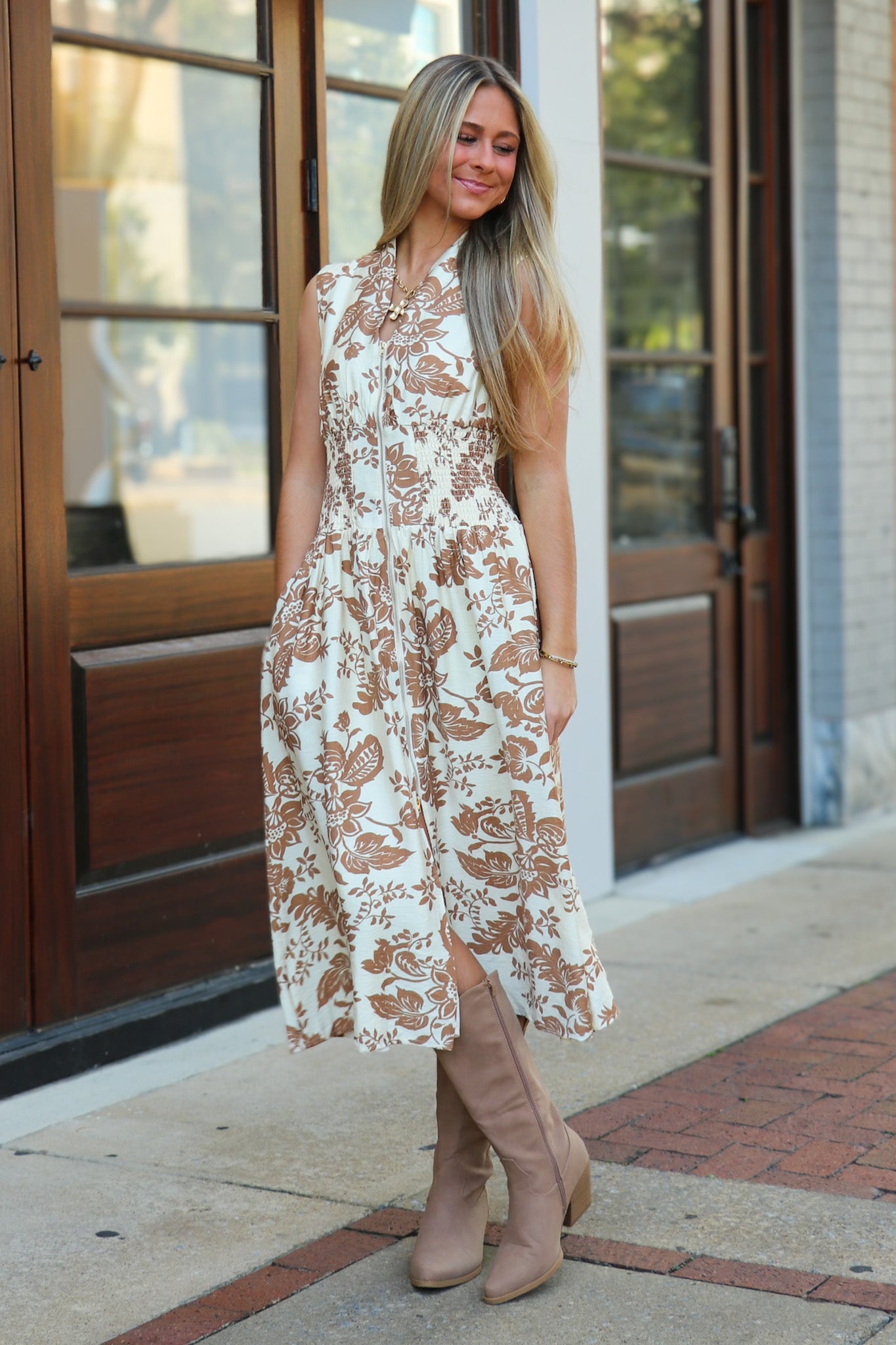 Rustic Romance Paisley V-Neck Smocked Waist Zip Front Midi Dress - Madison and Mallory