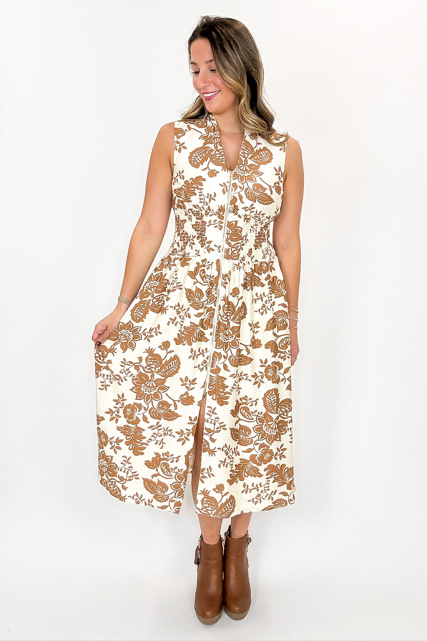 Rustic Romance Paisley V-Neck Smocked Waist Zip Front Midi Dress - Madison and Mallory
