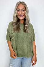 Light Olive / SM Rylee Mineral Wash Ribbed Relaxed Pocket Top - BACK IN STOCK - Madison and Mallory