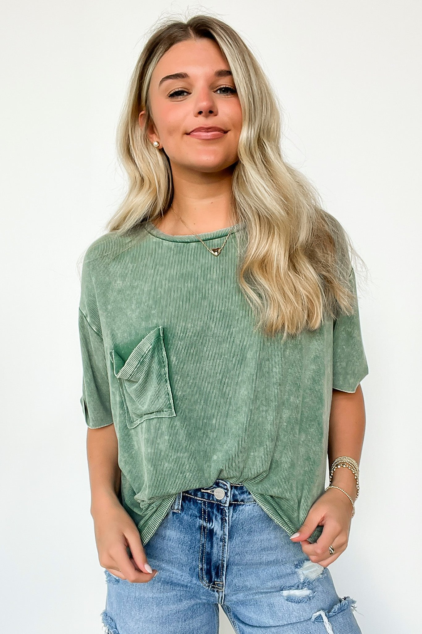 Dark Green / SM Rylee Mineral Wash Rib Knit Relaxed Pocket Top - BACK IN STOCK - Madison and Mallory
