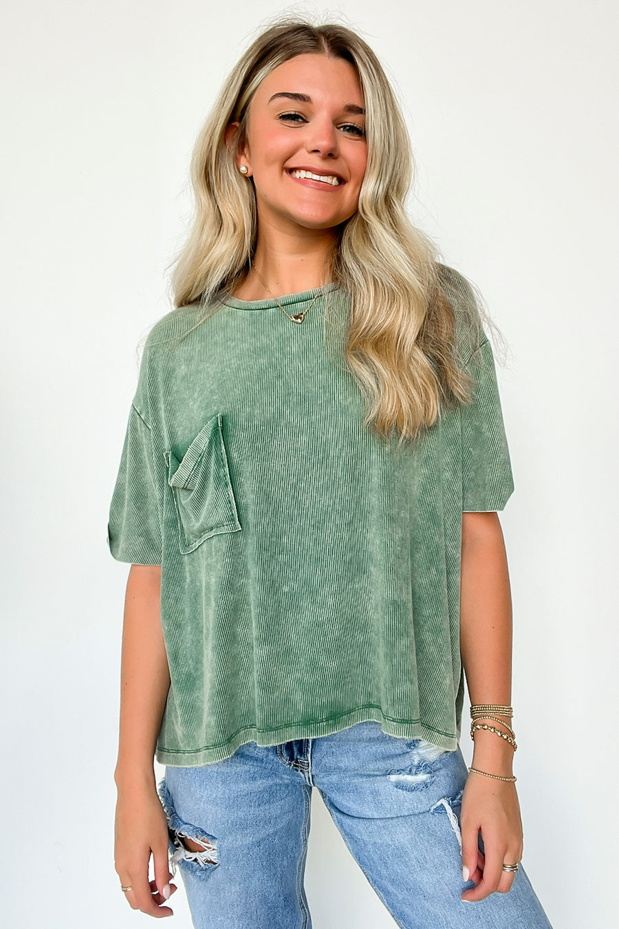Dark Green / SM Rylee Mineral Wash Ribbed Relaxed Pocket Top - BACK IN STOCK - Madison and Mallory