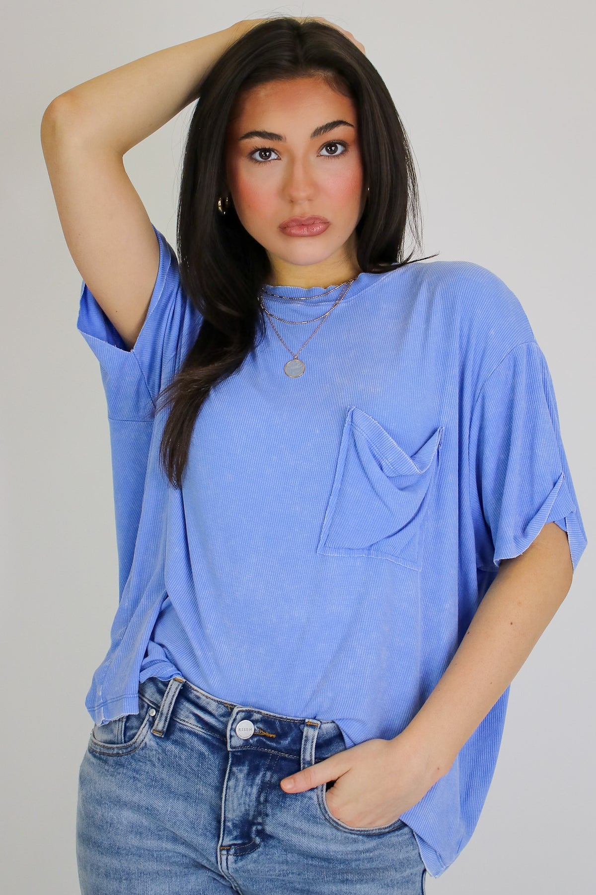 Cornflower / SM Rylee Mineral Wash Rib Knit Top - Madison and Mallory