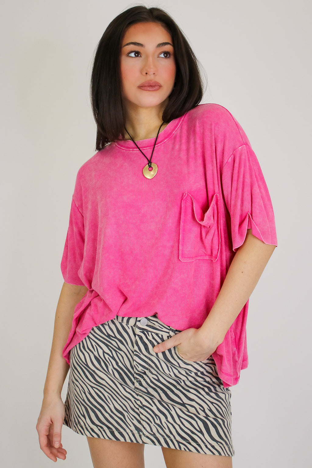 Hot Pink / SM Rylee Mineral Wash Rib Knit Top - Madison and Mallory