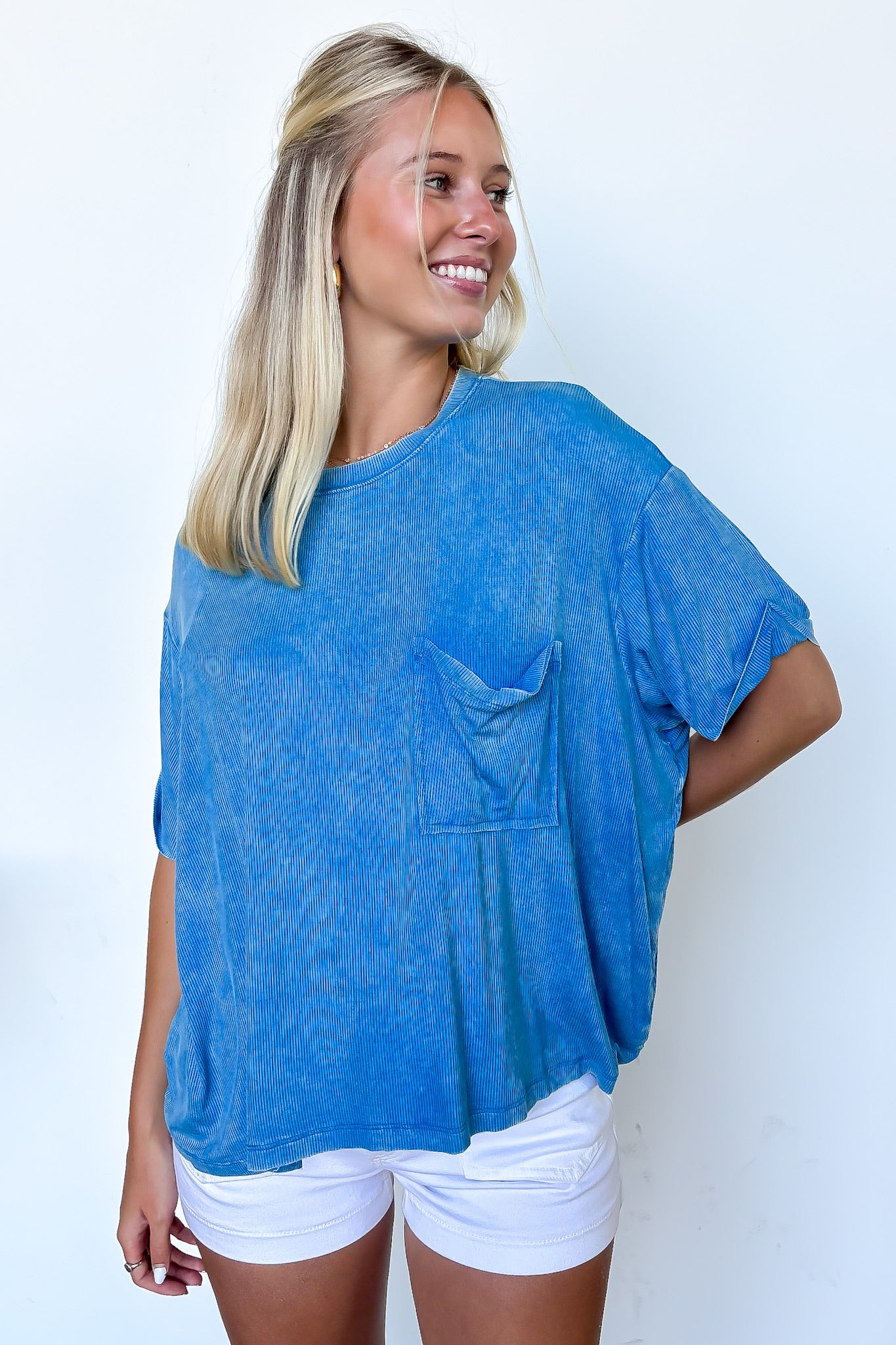 Deep Sky / SM Rylee Mineral Wash Rib Knit Relaxed Pocket Top - BACK IN STOCK - Madison and Mallory