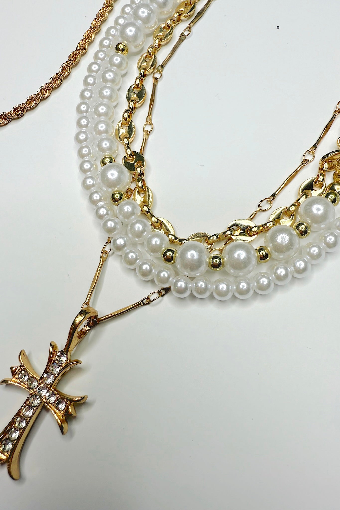 Sacred Layers Cross Heart Charm Multilayer Pearl Necklace - Madison and Mallory