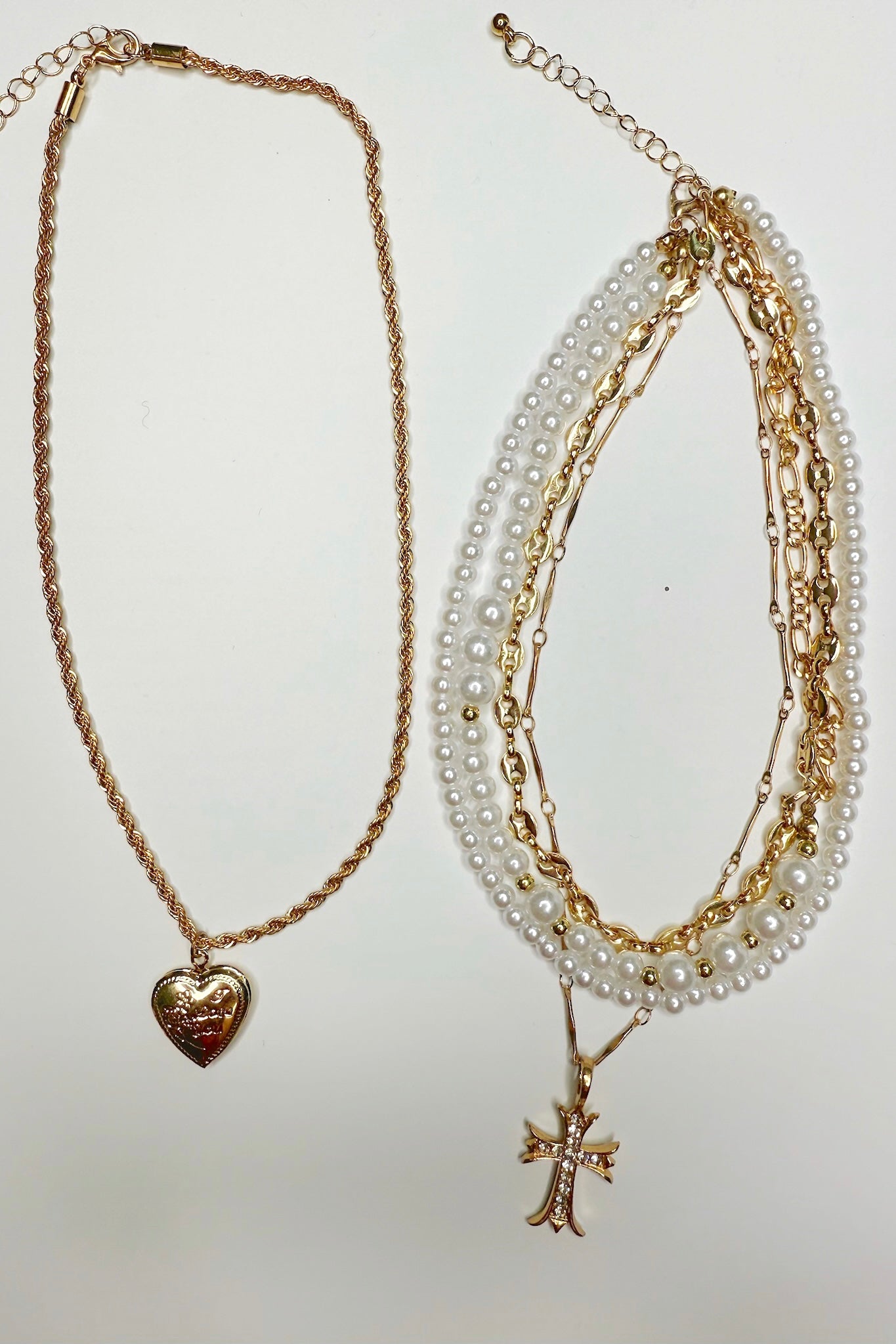 Sacred Layers Cross Heart Charm Multilayer Pearl Necklace - Madison and Mallory