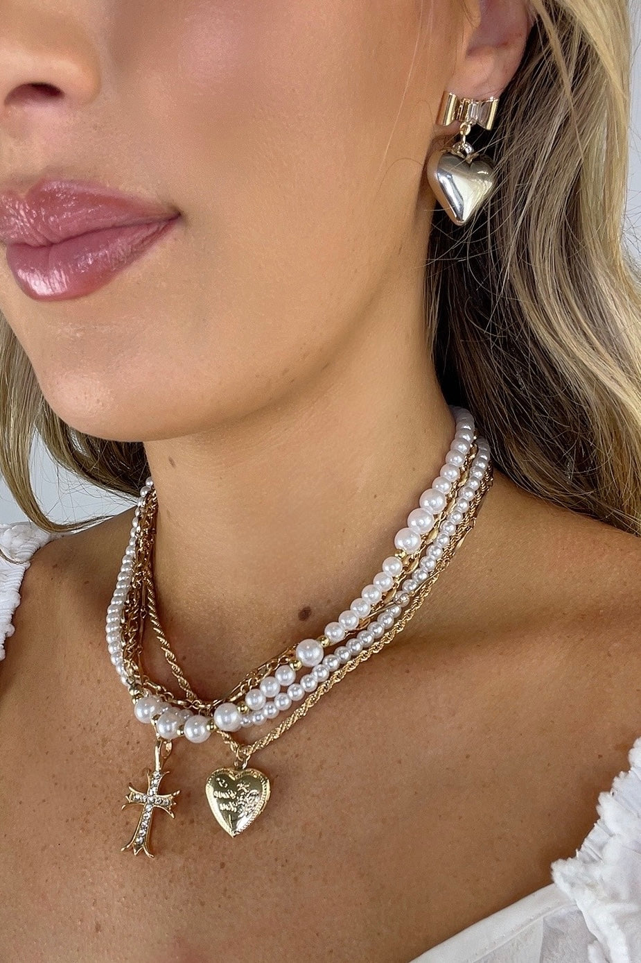 Sacred Layers Cross Heart Charm Multilayer Pearl Necklace - Madison and Mallory