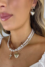 Sacred Layers Cross Heart Charm Multilayer Pearl Necklace - Madison and Mallory