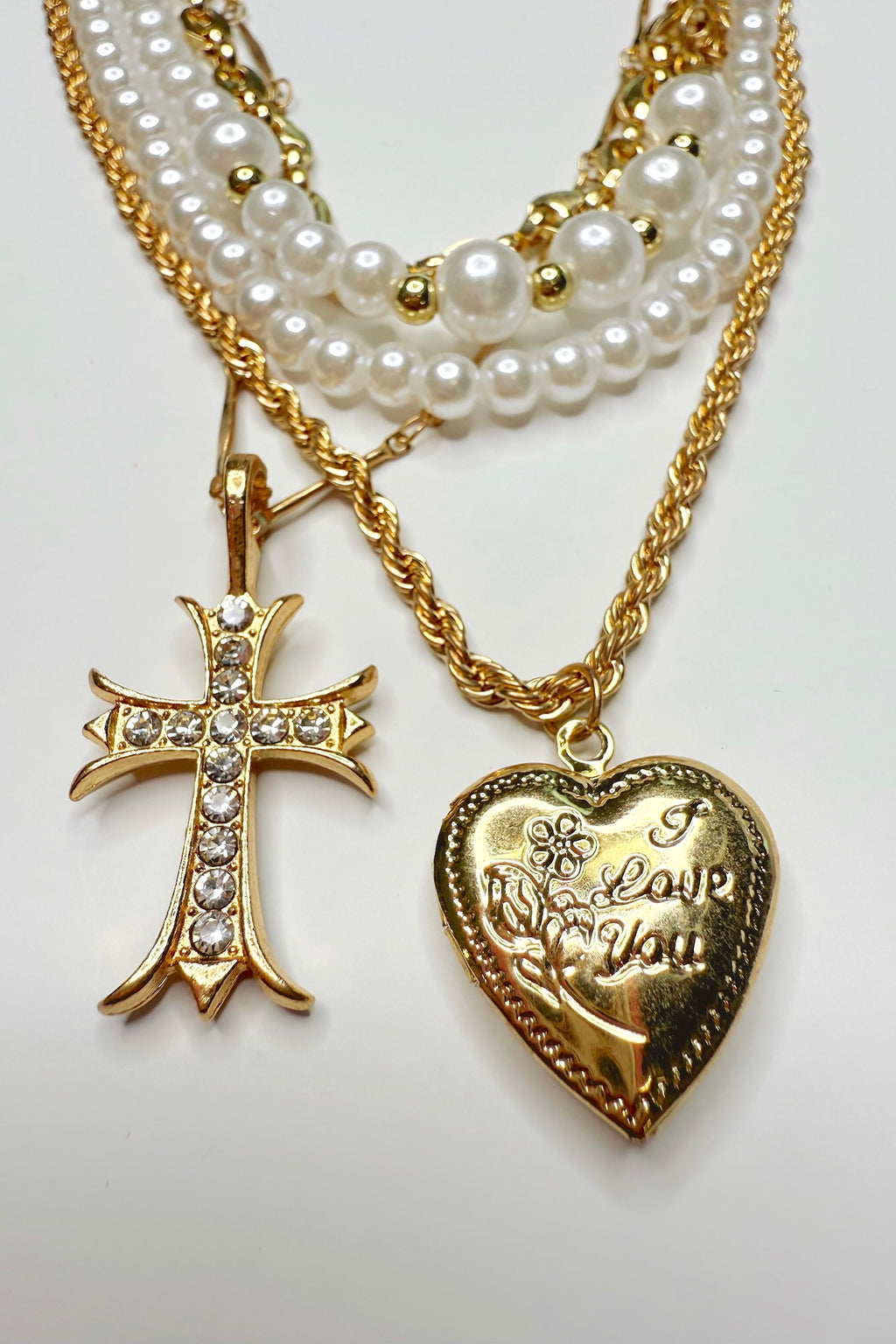 Gold Sacred Layers Cross Heart Charm Multilayer Pearl Necklace - Madison and Mallory
