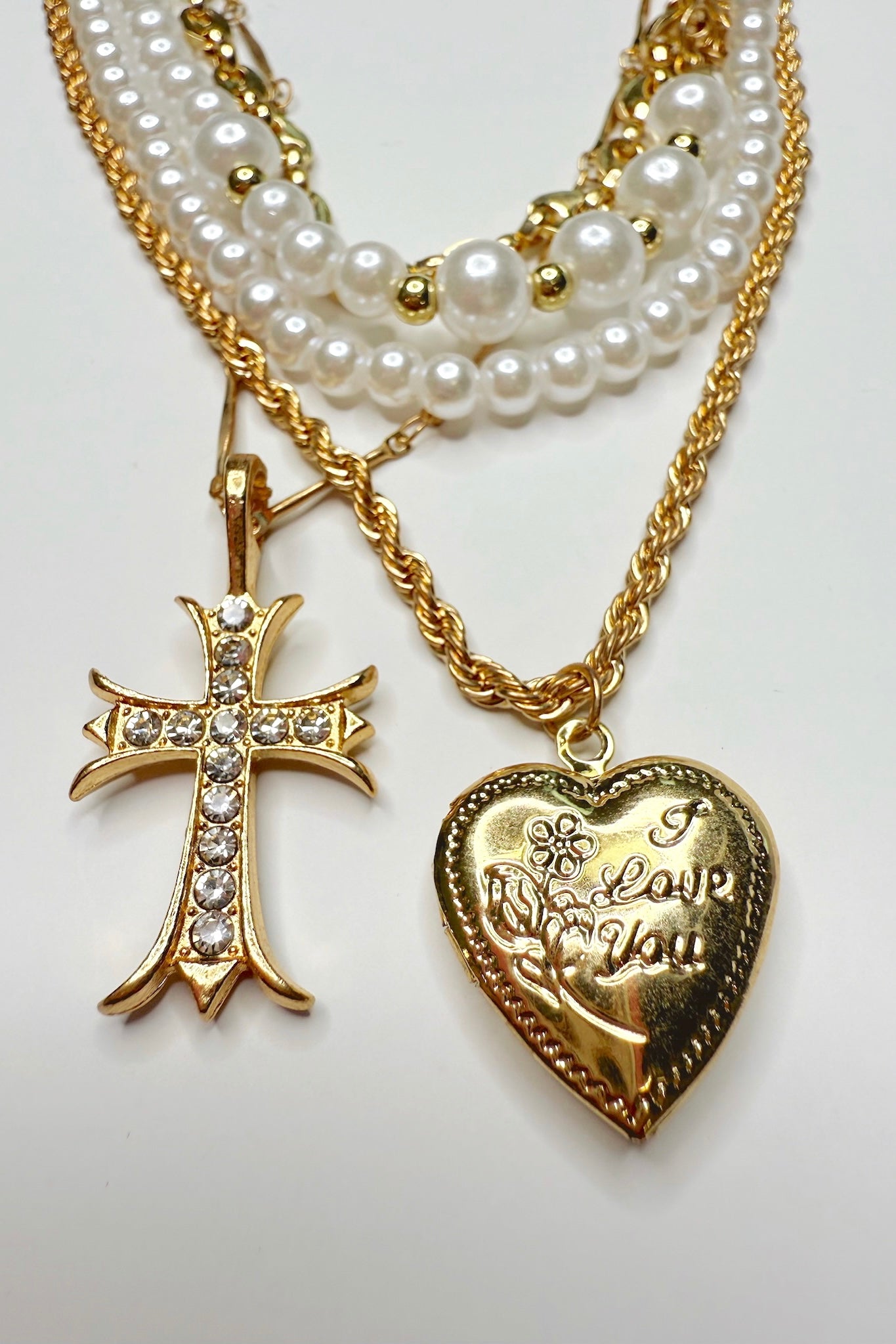 Gold Sacred Layers Cross Heart Charm Multilayer Pearl Necklace - Madison and Mallory