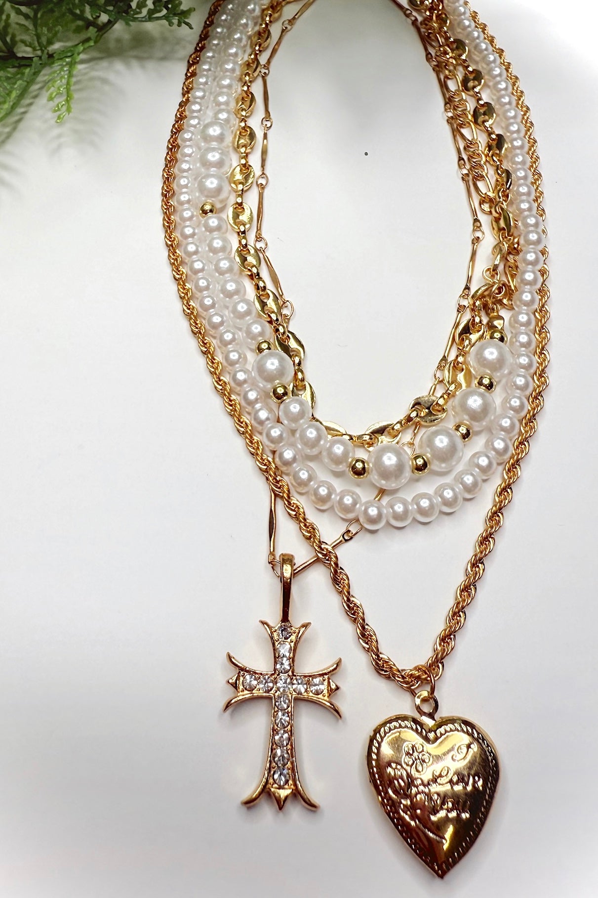 Sacred Layers Cross Heart Charm Multilayer Pearl Necklace - Madison and Mallory
