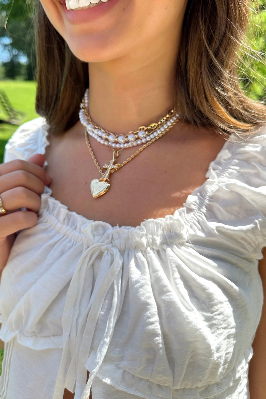 Sacred Layers Cross Heart Charm Multilayer Pearl Necklace - Madison and Mallory