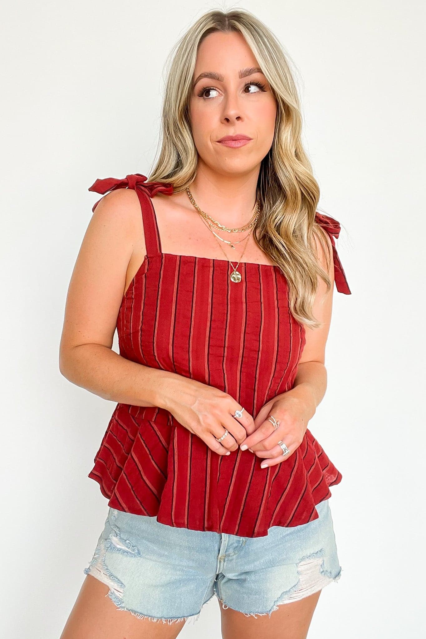 S / Rust Sail West Tie Strap Peplum Striped Tank Top - FINAL SALE - Madison and Mallory