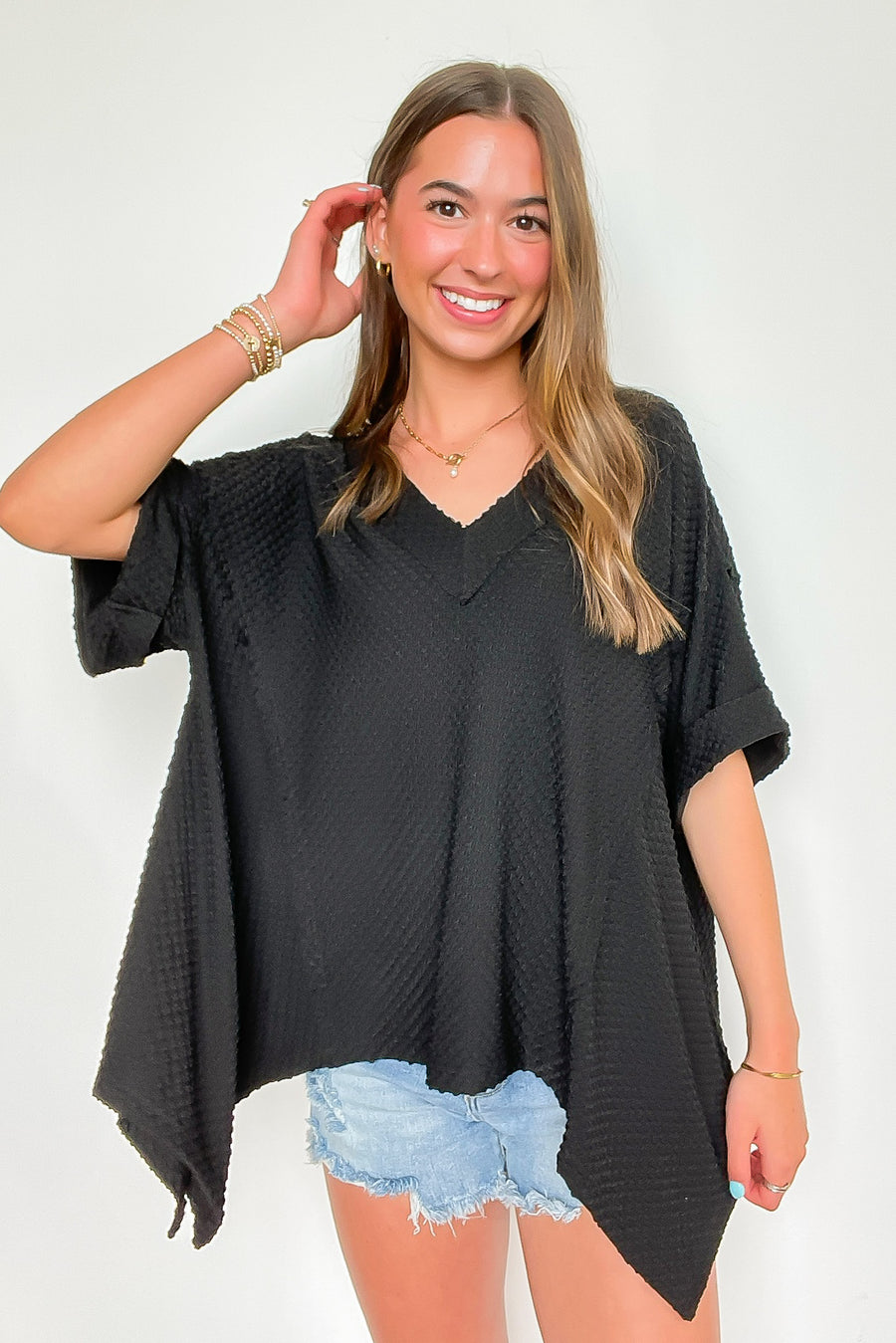 Black / S Salt and Sol Dotted Jacquard Knit Short Sleeve Top - Madison and Mallory