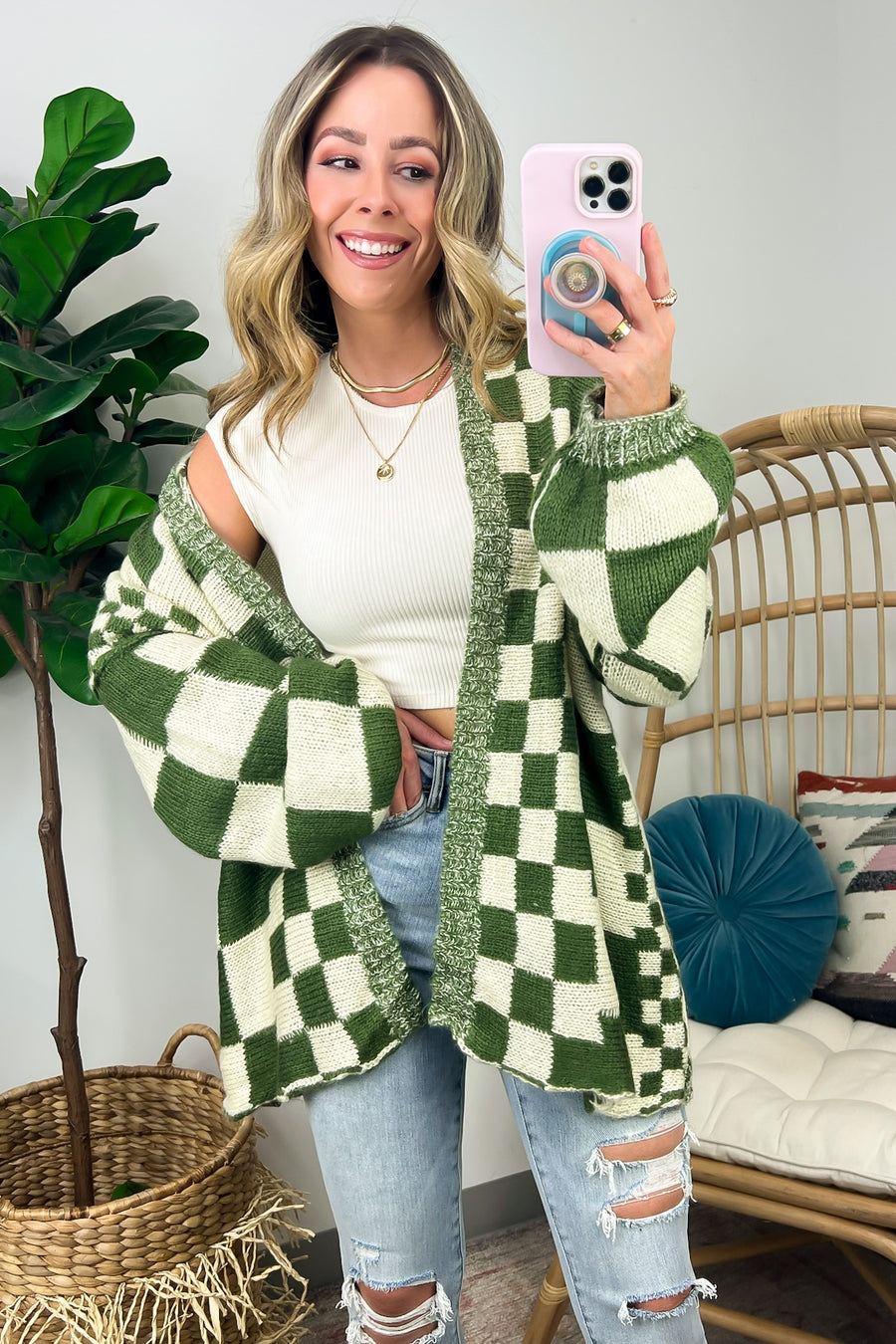 Olive / S Same Energy Checkered Block Cardigan - Madison and Mallory