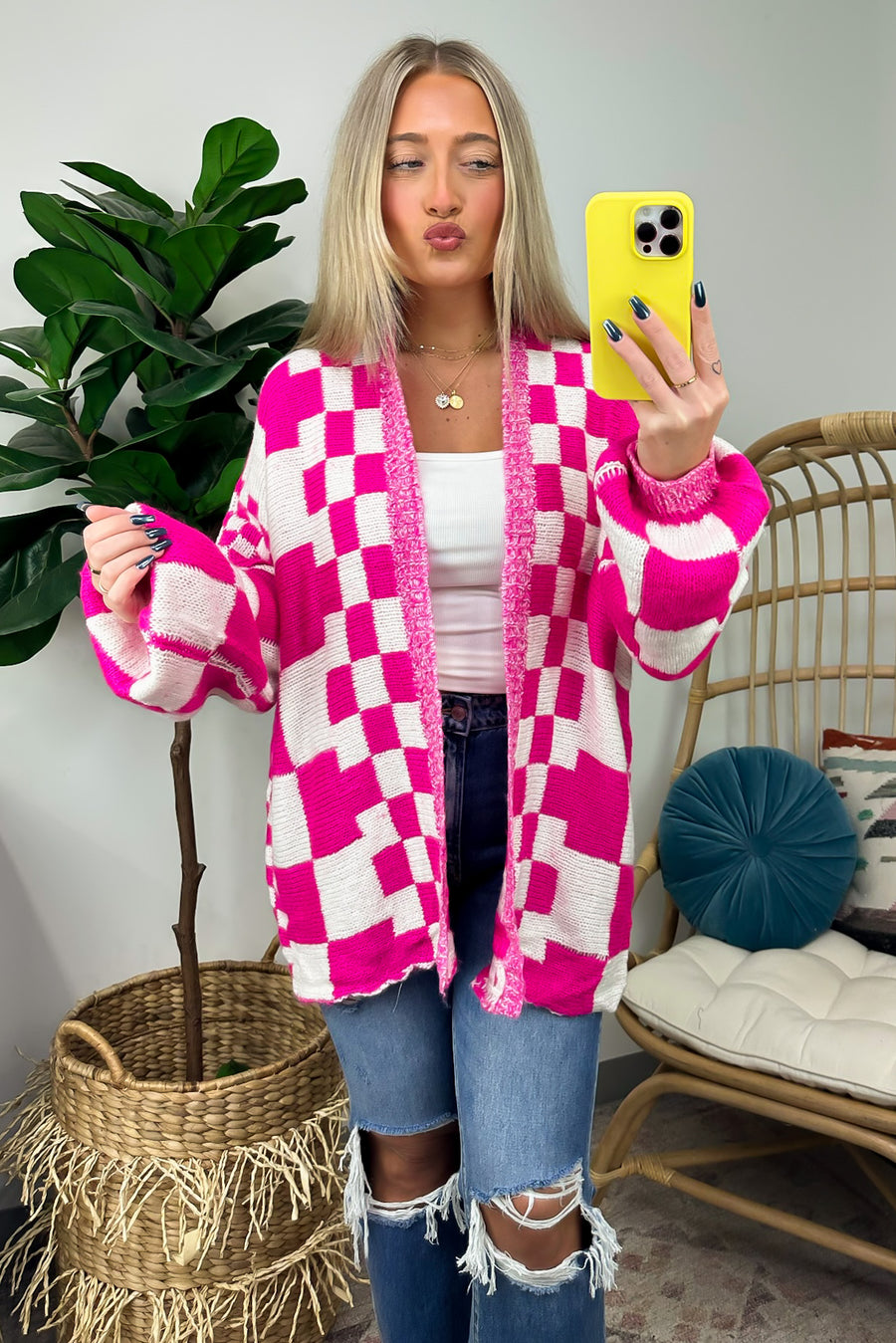 Hot Pink / S Same Energy Checkered Block Cardigan - Madison and Mallory