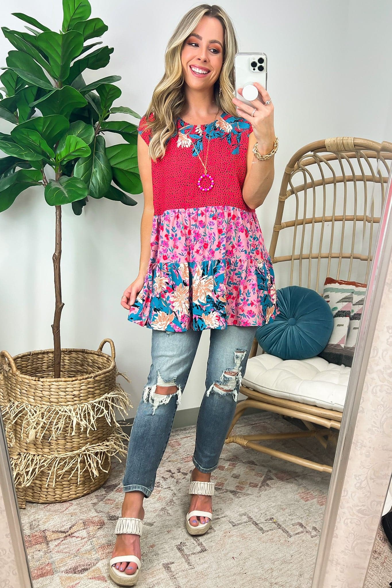  Sameera Boho Multi Floral Print Tiered Tunic Top - Madison and Mallory
