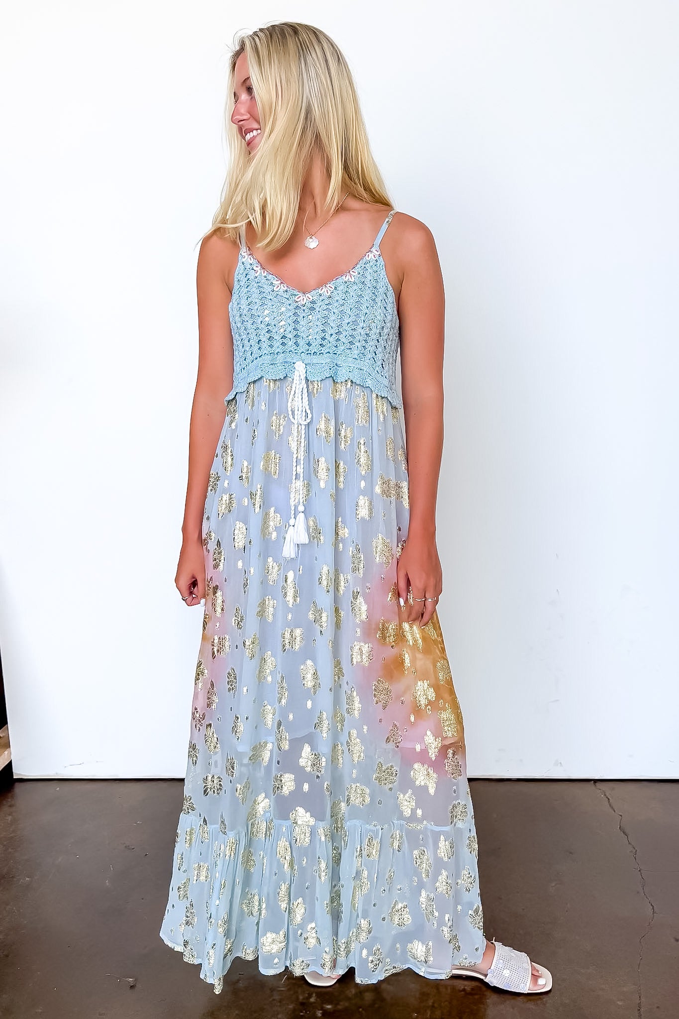 floral crochet dress Sapphire Skies Floral Crochet Maxi Dress L / Sky Blue