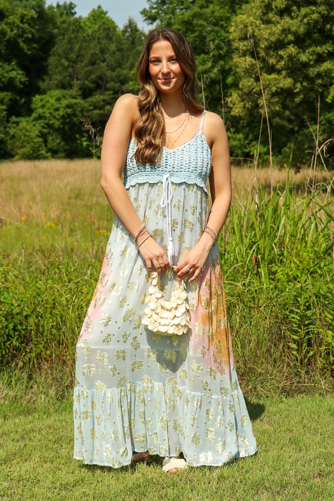 Sapphire Skies Floral Crochet Maxi Dress - Madison and Mallory