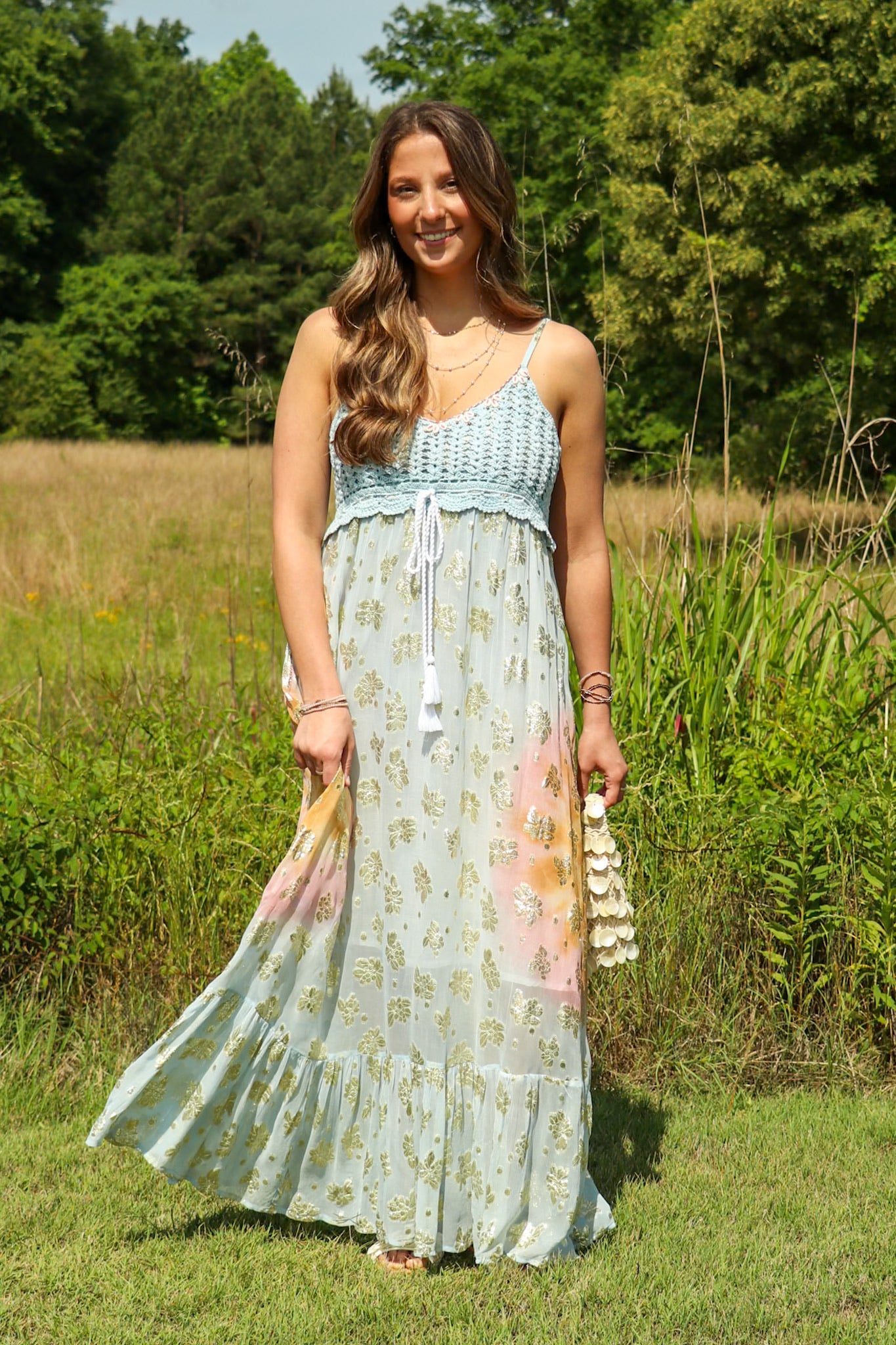 Sapphire Skies Floral Crochet Maxi Dress - Madison and Mallory