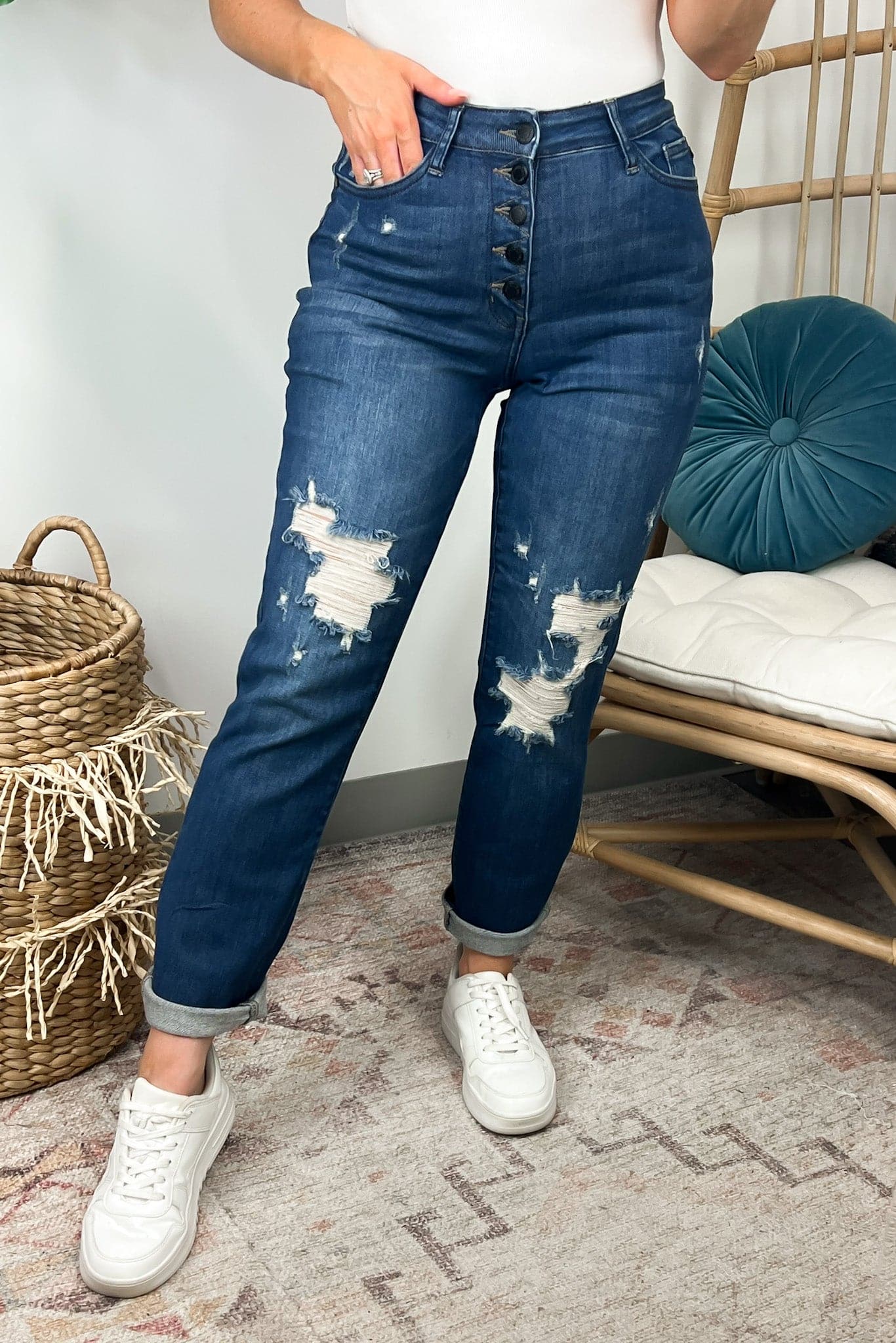  Sarina High Rise Button Fly Distressed Boyfriend Jeans - Judy Blue - Madison and Mallory