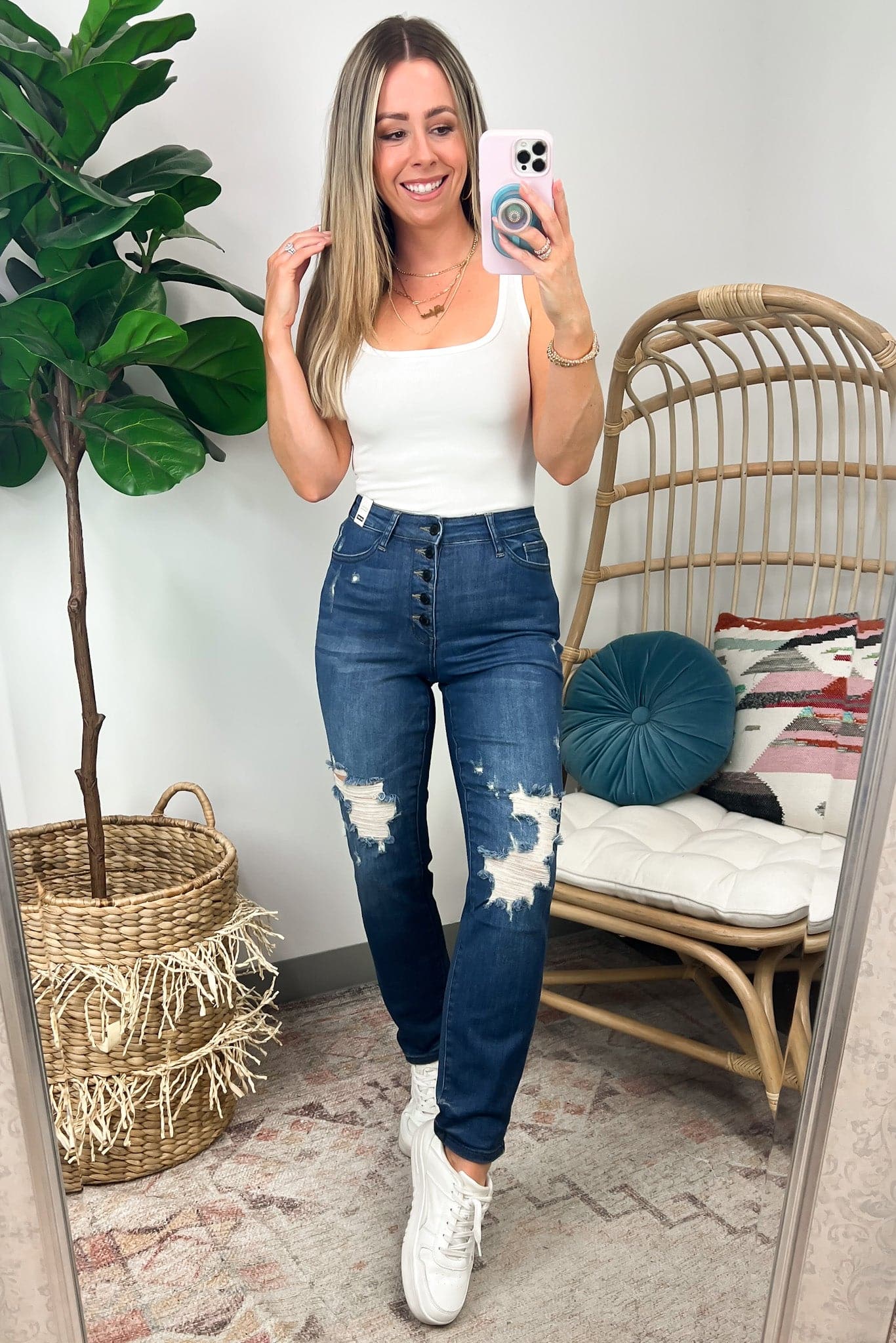  Sarina High Rise Button Fly Distressed Boyfriend Jeans - Judy Blue - Madison and Mallory