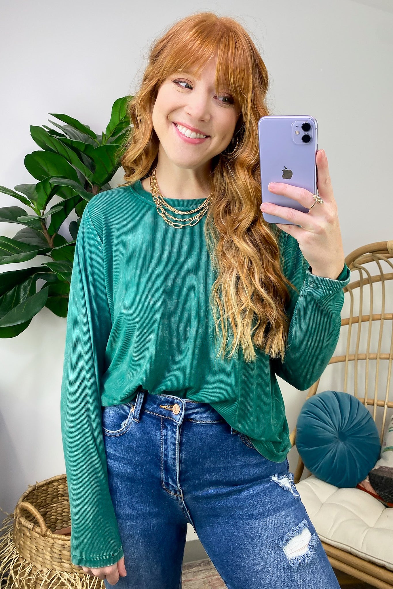 Hunter Green / S Sarinah Washed Ribbed Scoop Neck Top - Madison and Mallory