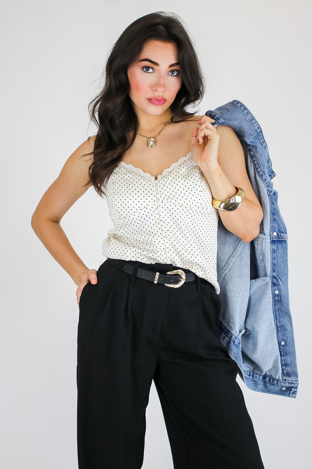 Satin Spot Lace Trim Button Tank Top