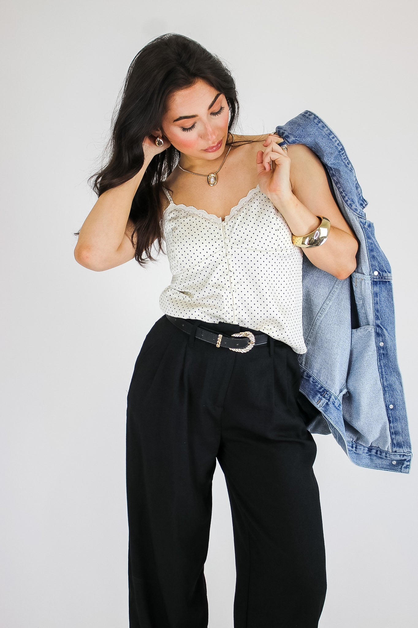 Satin Spot Lace Trim Button Tank Top