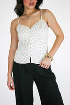 Satin Spot Lace Trim Button Tank Top - Madison and Mallory