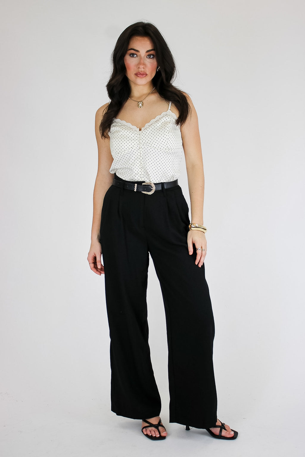 Satin Spot Lace Trim Button Tank Top