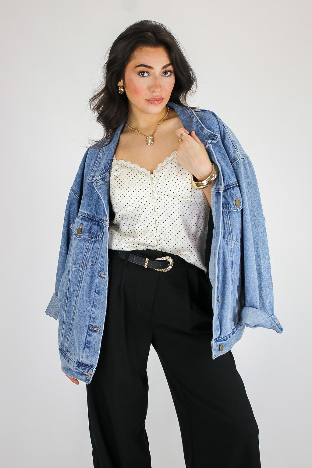 Satin Spot Lace Trim Button Tank Top