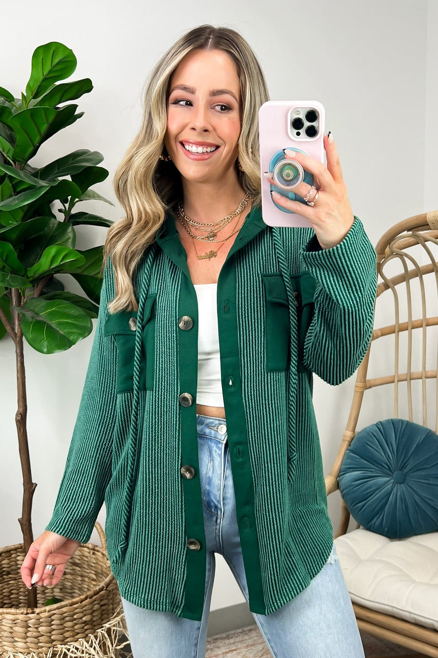 Hunter Green / S Saturday Satisfaction Ribbed Hooded Shacket - BACK IN STOCK - Madison and Mallory