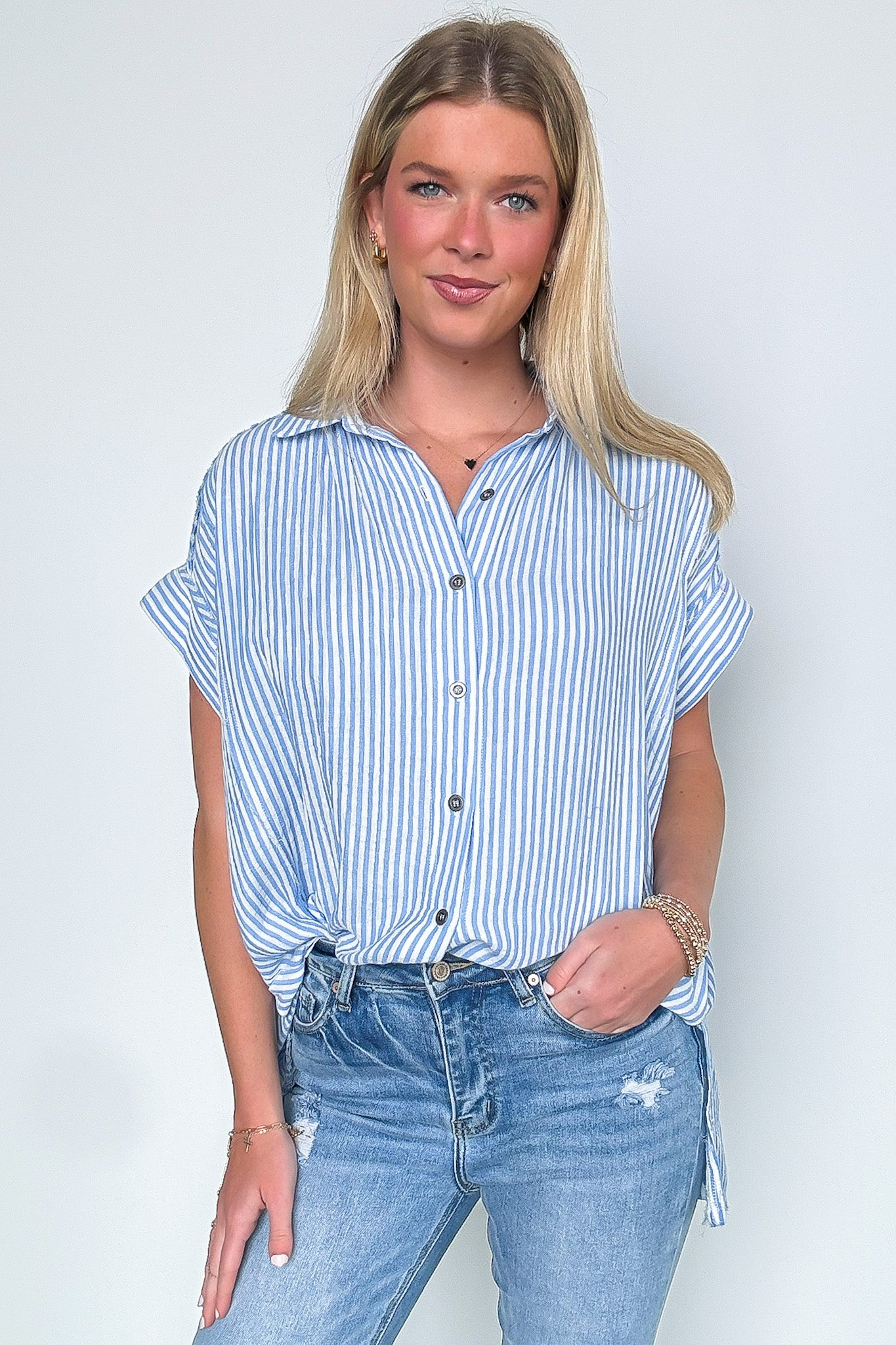 Light Blue/White / S Savani Button Down Striped Top - Madison and Mallory
