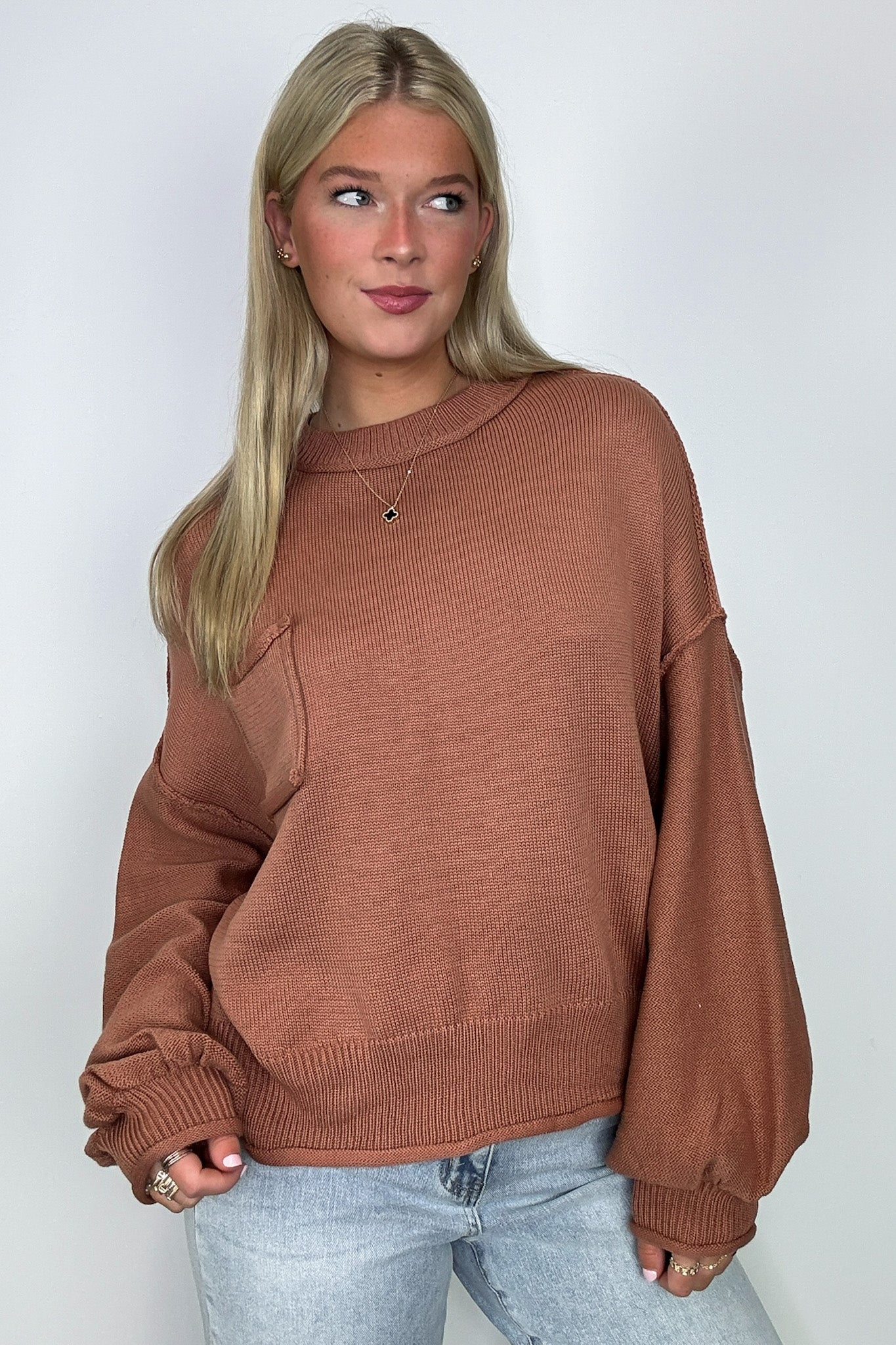  Saylor Balloon Sleeve Relaxed Knit Pocket Sweater - Madison and Mallory