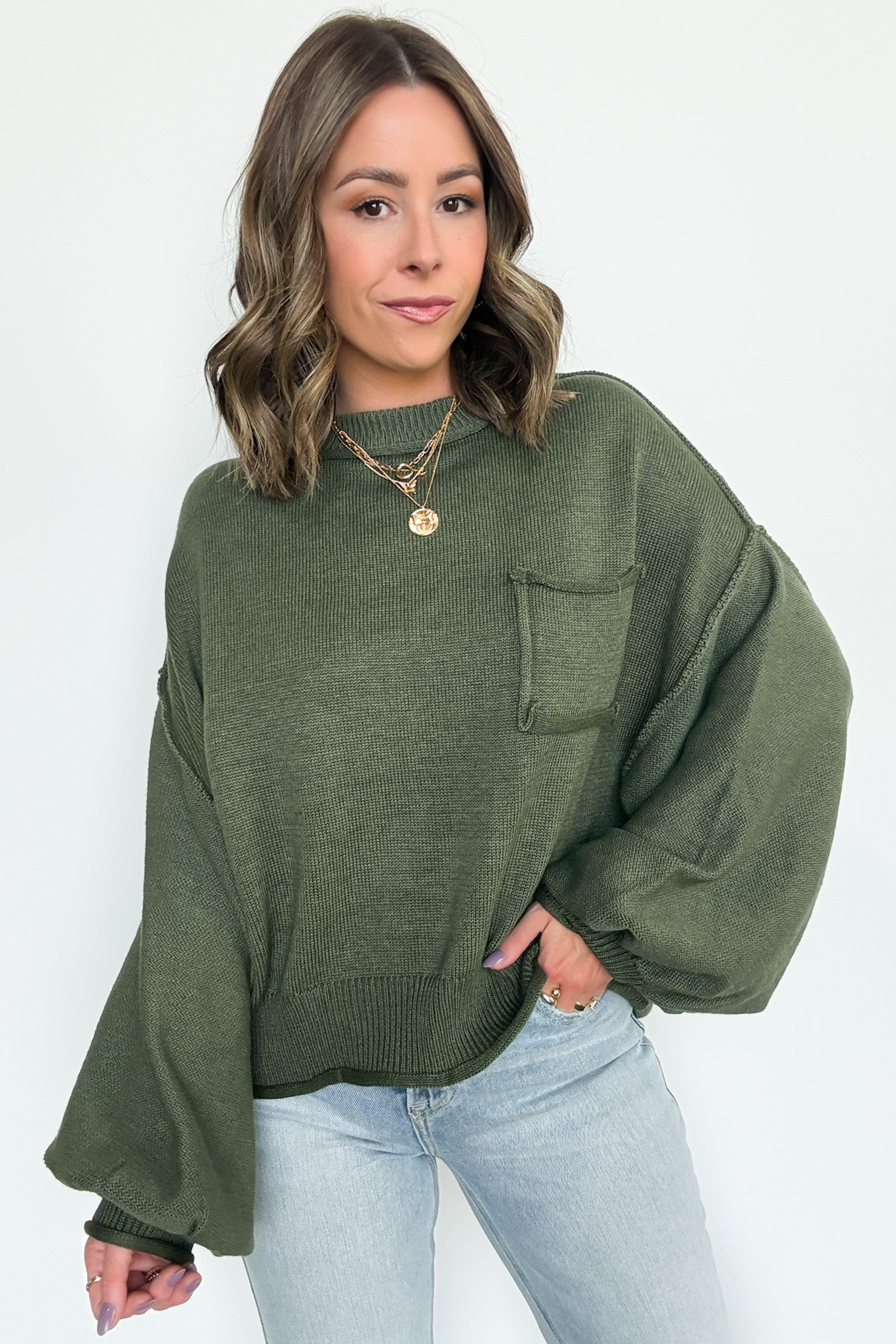 Saylor Balloon Sleeve Relaxed Knit Pocket Sweater - FINAL