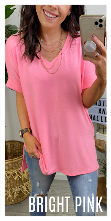 Bright Pink / S Mariza Rolled Sleeve Top - BACK IN STOCK - Madison and Mallory