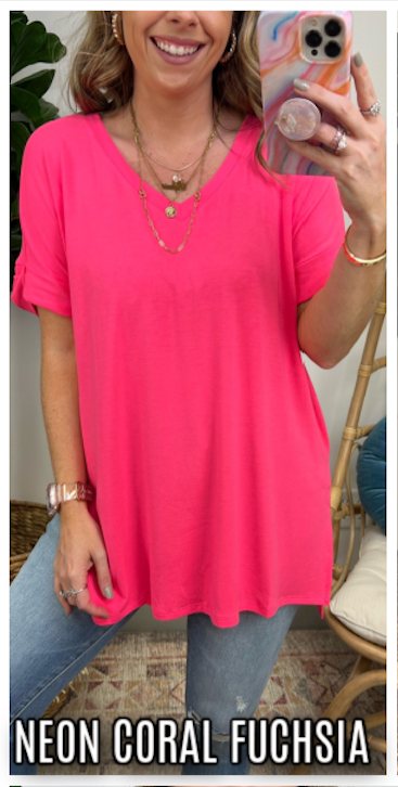 Neon Coral Fuchsia / S Mariza Rolled Sleeve Top - BACK IN STOCK - Madison and Mallory